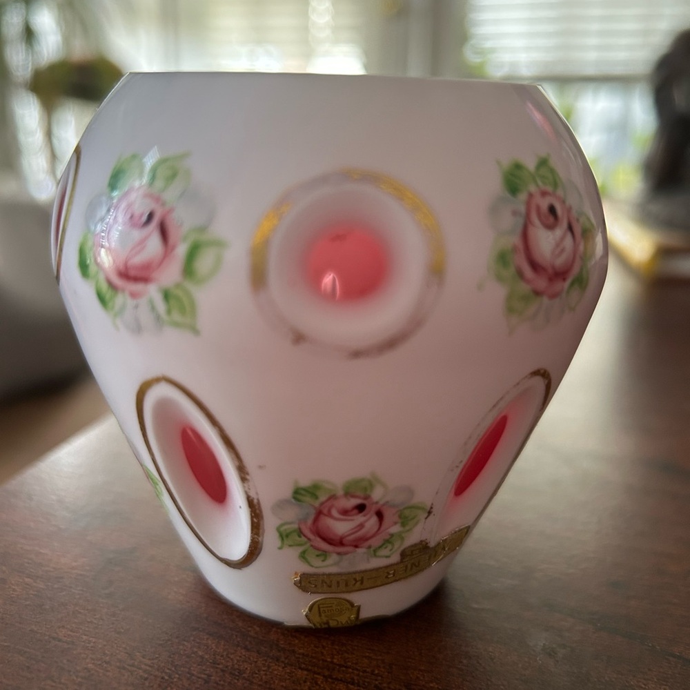 Vintage Famosa LPW Hd Painted Floral Cut Multicolored Glass Gilded Vase
Austria